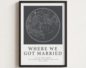 May include: A framed wall art print featuring a circular star map on a dark gray background. Below the map, the text reads: WHERE WE GOT MARRIED, ELLIE AND SIMON, RUTLAND GOLF COURSE AND SPA, EST. 2025. The print is enclosed in a thin black frame.