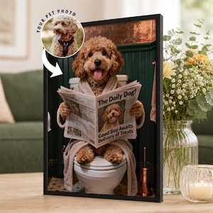 Custom Pet on Toilet with Newspaper | Unique Pet Gift, Fun Bathroom Print, Dog on Toilet, Personalised Pet Wall Art, Pet Portrait from Photo image 1