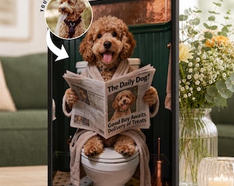 Custom Haustier auf Toilette mit Zeitungspapier | Einzigartiges Haustier Geschenk, Spaß Badezimmer Druck, Hund auf Toilette, personalisierte Haustier Wandkunst, Haustier Porträt vom Foto