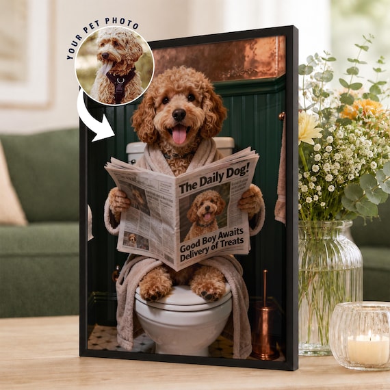 Custom Pet on Toilet with Newspaper | Unique Pet Gift, Fun Bathroom Print, Dog on Toilet, Personalised Pet Wall Art, Pet Portrait from Photo