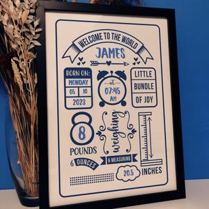 Personalised Baby Birth Stats Print, Baby Birth Announcement Wall Art, New Born Baby Gifts, Mothers Day Gifts, Gift for Mum and Dad