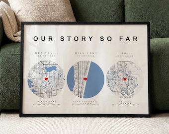 Customised Our Journey Map Print Gift for Couples | Personalised 1 Year Paper Wedding Anniversary Gift for Her Him | Where We Met Print