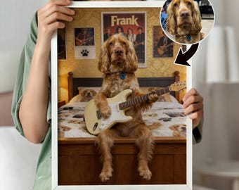 Custom Pet Portrait Musical Dog Print | Personalised Guitar Cat Wall Art, Bathroom Gift for Him, Portrait from Photo