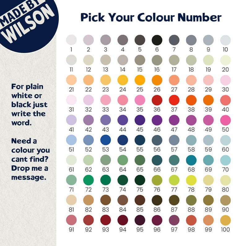 Op de afbeelding: Kleurenkaart met 100 genummerde kleurstalen, vari&euml;rend van lichte tot donkere tinten. De tekst "Pick Your Colour Number" staat bovenaan. De tekst "MADE BY WILSON" staat in een blauwe cirkel linksboven.