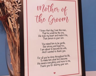 Custom Mother of the Groom Wedding Poem Print | Personalised Framed Groom Wedding Gift | Wedding Day Mother In Law Gift