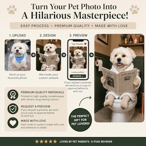 May include: A custom pet portrait service infographic featuring a light-coloured dog wearing a white bathrobe while sitting on a toilet reading a newspaper titled The Hull Daily Dog. The graphic outlines a three-step process: upload, design, and preview.