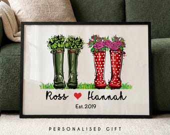 Personalised Welly Gift for Couples | Framed or Unframed Name Print, Custom 1st Paper Anniversary Gift, Romantic Wedding Present for Her Him