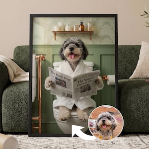 Custom Pet Portrait on Toilet with Newspaper | Unique Pet Gift | Fun Bathroom Print | Dog on Toilet | Personalised Pet Wall Art from Photo