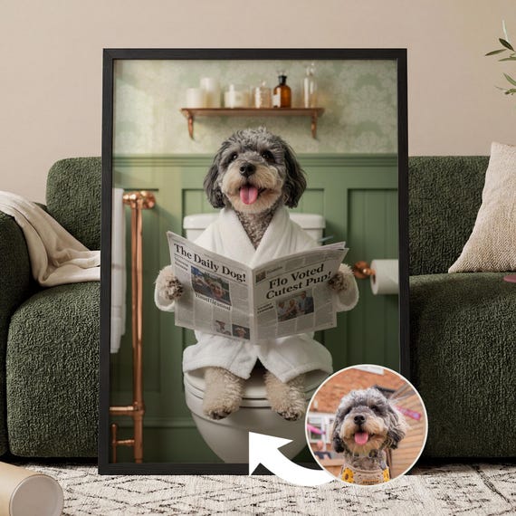 Custom Pet Portrait on Toilet with Newspaper | Unique Pet Gift | Fun Bathroom Print | Dog on Toilet | Personalised Pet Wall Art from Photo