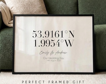 Framed Wedding Location Prints, Custom Coordinates Print, Latitude Longitude, Wedding Gift, Personalised Gift for Couple, Memorable Location