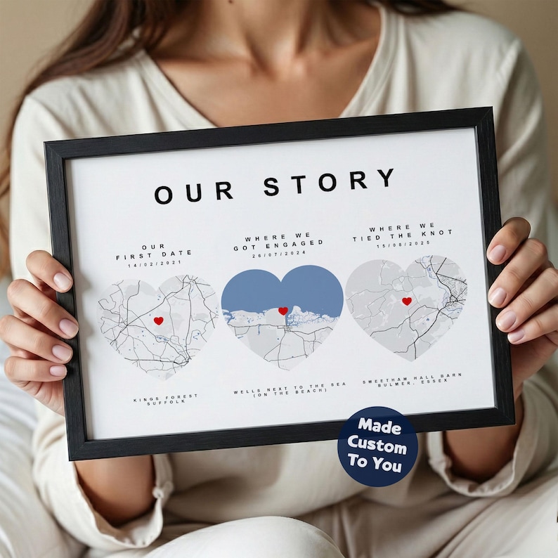 Personalised Our Journey Map Print, Wedding Gift for Couples | Custom Paper Anniversary Gift for Her Him | Our First Date | Where We Met image 1