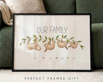 Personalised Family Sloth Print | Unique Animal Family Gifts | Home Nursery Decor | Presents for Mum | Custom Family Names Print