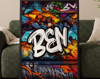 Personalisierte Graffiti Name Print | Geschenk für Jungen-Spielzimmer | Benutzerdefinierte Urban Street Art Wandbild für Kinder Kinderzimmer Kinderzimmer