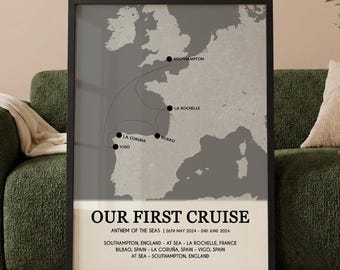 Custom Cruise Holiday Map Gift for Couples | Personalised Cruise Ship Ports Map Wall Art, Anniversary Print for Her Wife Him Husband