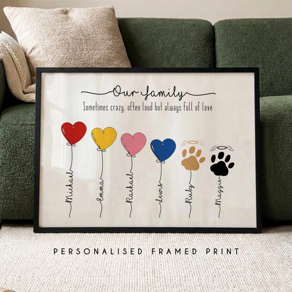 Personalised Family Balloon Print | Custom Heart Paw Print Art | Framed Gift for Mum or Grandparents