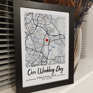 Stampa personalizzata della mappa del giorno del matrimonio / Stampa personalizzata dell'anniversario / Anniversario cartaceo di 1 anno / Stampe di ricordi di matrimonio / Regali per coppie