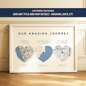 Personalised Our Journey Map Print, Wedding Gift for Couples | Custom Paper Anniversary Gift for Her Him | Our First Date | Where We Met Hearts