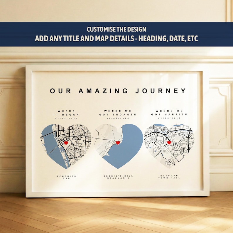Personalised Our Journey Map Print, Wedding Gift for Couples | Custom Paper Anniversary Gift for Her Him | Our First Date | Where We Met Hearts