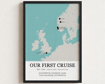 May include: A framed map print featuring a teal ocean and light gray landmasses of Northern Europe. A thin black line traces a cruise route connecting Southampton, Stavanger, Olden, Flam, and Haugesund. Text reads: OUR FIRST CRUISE, P&O - IONA, 26TH JULY 2025 - 2ND AUGUST 2025.