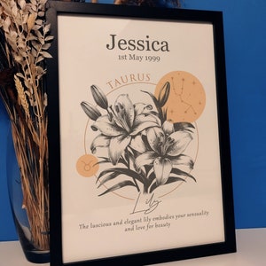 Regalo di stampa di fiori di nascita dello zodiaco per lei / Stampa domestica personalizzata del segno zodiacale / Arte della parete personalizzata del fiore di nascita / Regalo di compleanno romantico per la moglie