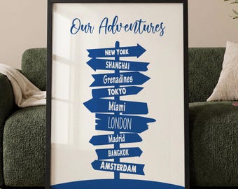 Impresión personalizada de señales de viaje / Destinos de viaje personalizados / Arte mural de lugares favoritos / Impresiones de viajes para parejas
