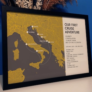 Cadeau personnalisé avec impression de carte de souvenirs de vacances de croisière pour les couples | Cadeau personnalisé d'art mural de carte de destination de bateau de croisière pour sa femme lui mari