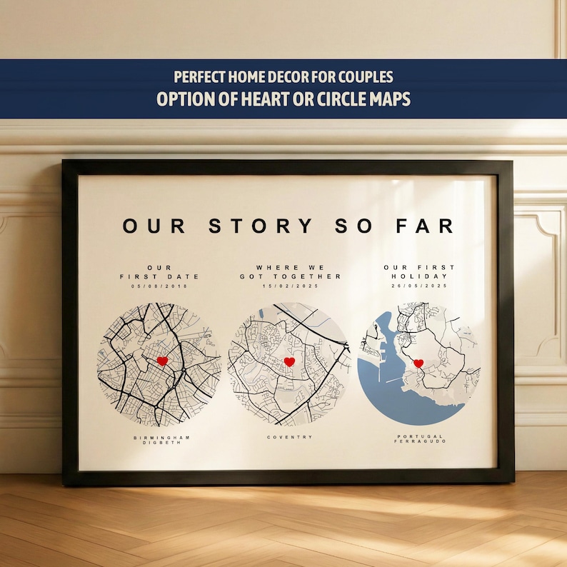 Personalised Our Journey Map Print, Wedding Gift for Couples | Custom Paper Anniversary Gift for Her Him | Our First Date | Where We Met Circles