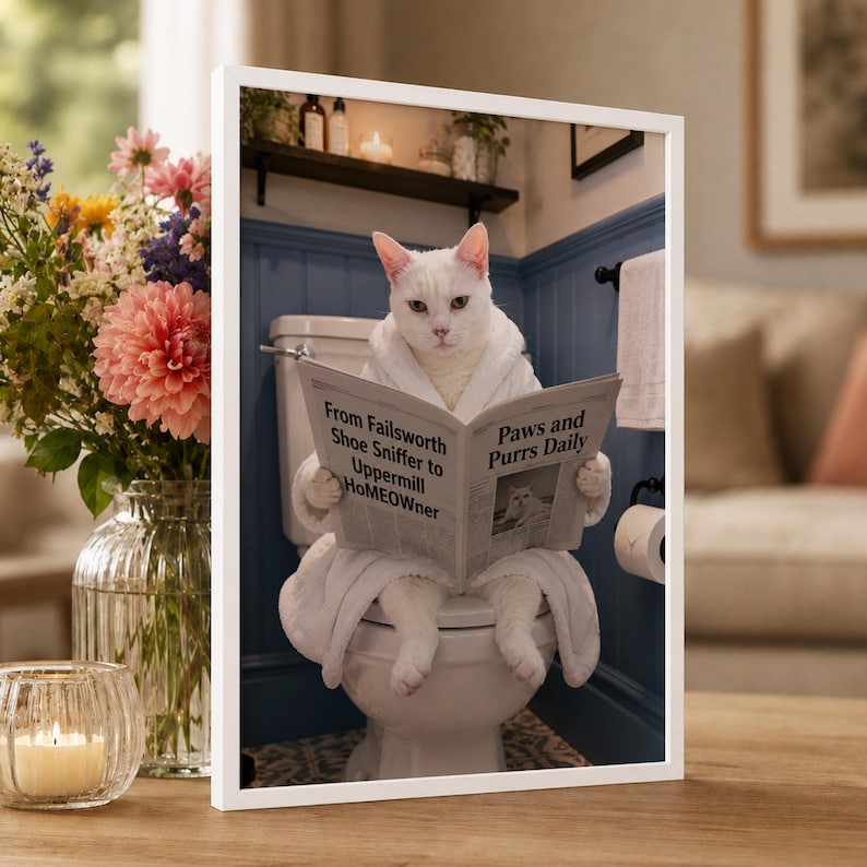 May include: A framed wall art print featuring a white cat wearing a white bathrobe, sitting on a toilet and reading a newspaper titled Paws and Purrs Daily with the headline From Failsworth Shoe Sniffer to Uppermill HoMEOwnner.