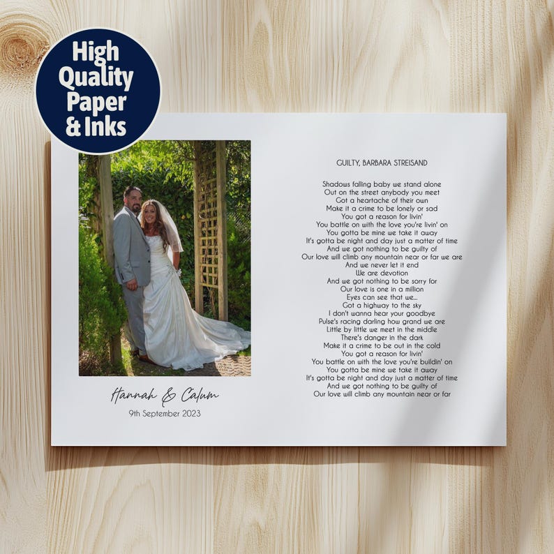 May include: A framed wedding photograph of a couple in formal wear, set in a garden. The print includes song lyrics and the names "Hannah & Calum" with the date "9th September 2023". A circular logo reads "High Quality Paper & Inks".