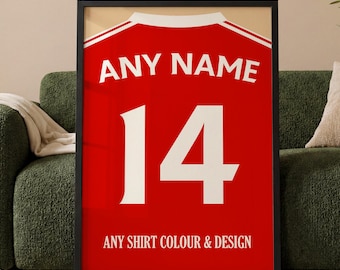 Personalisiertes Fußball Shirt Druck für Jungen Schlafzimmer | Personalisierte Fußball-Team Geschenke für ihn Dad | Fußball-Fan Wall Art | Shirt Namen Aufdruck
