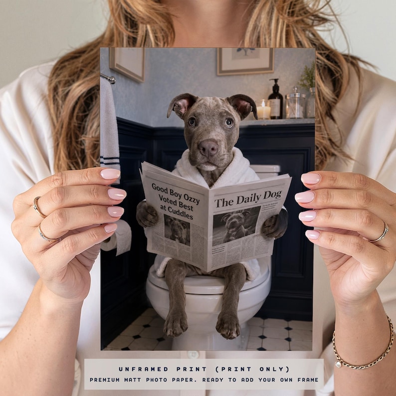 May include: A photographic print featuring a grey pit bull puppy wearing a white bathrobe, sitting on a white toilet in a bathroom, and holding a newspaper titled The Daily Dog with the headline Good Boy Ozzy Voted Best at Cuddles.