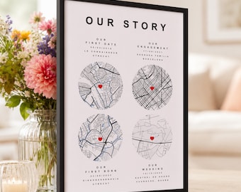 Custom Couples Our Story Map Print | Personalized 4 Location Wedding Anniversary Milestone Wall Art