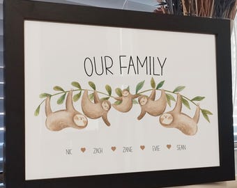 Personalised Family Sloth Print | Unique Sloth Family Gifts | Home Nursery Decor | Presents for Mum | Custom Family Names Print