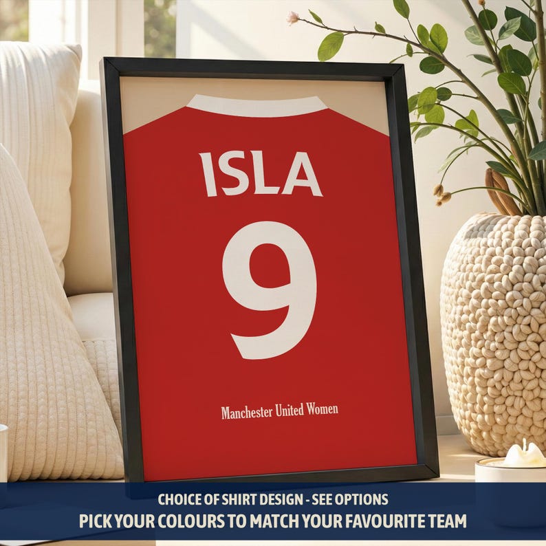 Personalisiertes Fußball Shirt Druck für Jungen Schlafzimmer | Personalisierte Fußball-Team Geschenke für ihn Dad | Fußball-Fan Wall Art | Shirt Namen Aufdruck Bild 3