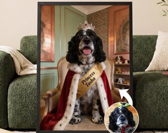 Custom Pet Portrait Print of Regal Dog on Throne | Personalised King or Queen Royal Dog Wall Art, Unique Pet Gift