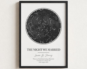 May include: A framed wall print featuring a circular black star map with white constellations. Below the map, the text reads: THE NIGHT WE MARRIED, Laura & Jonny, Waterton Park Hotel & Spa, Wakefield, 53.64162 N, 1.45113 W, 10th August 2021.