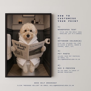Custom Pet on Toilet with Newspaper | Unique Pet Gift, Fun Bathroom Print, Dog on Toilet, Personalised Pet Wall Art, Pet Portrait from Photo image 3