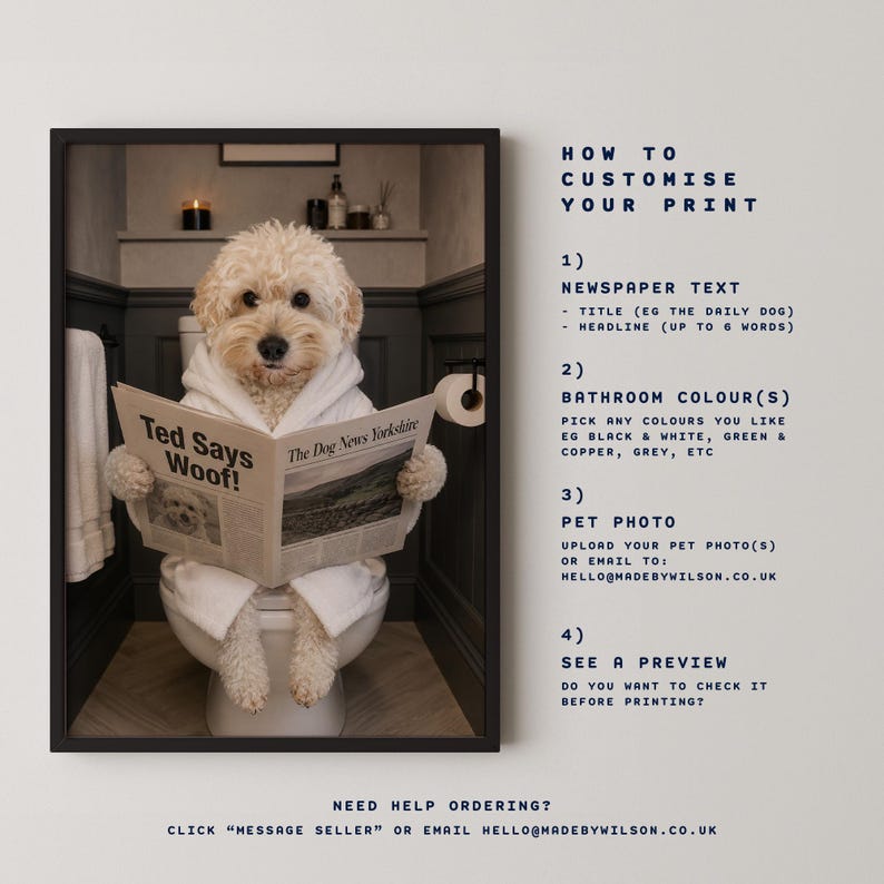 Custom Pet on Toilet with Newspaper | Unique Pet Gift, Fun Bathroom Print, Dog on Toilet, Personalised Pet Wall Art, Pet Portrait from Photo image 3