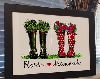 Personalised Wellies Print | Custom Family Shoes Print | Unique Welly Boot Print | Paper Anniversary | Romantic Gifts for Her