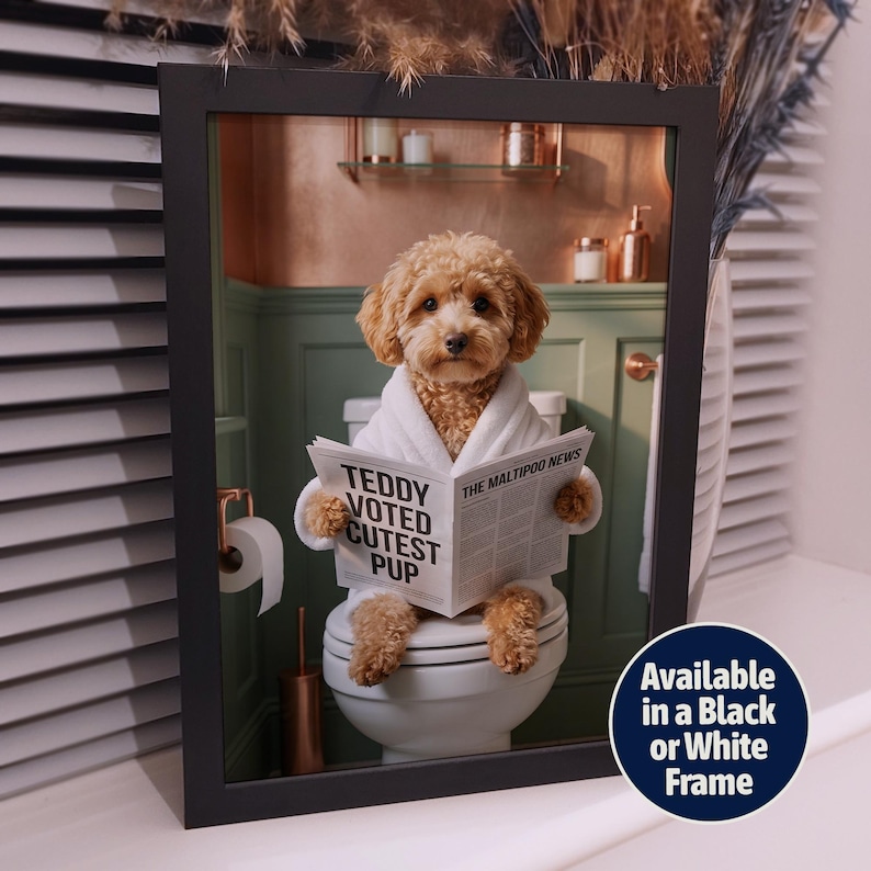Custom Pet Portrait on Toilet with Newspaper | Unique Pet Gift | Fun Bathroom Print | Dog on Toilet | Personalised Pet Wall Art from Photo image 4
