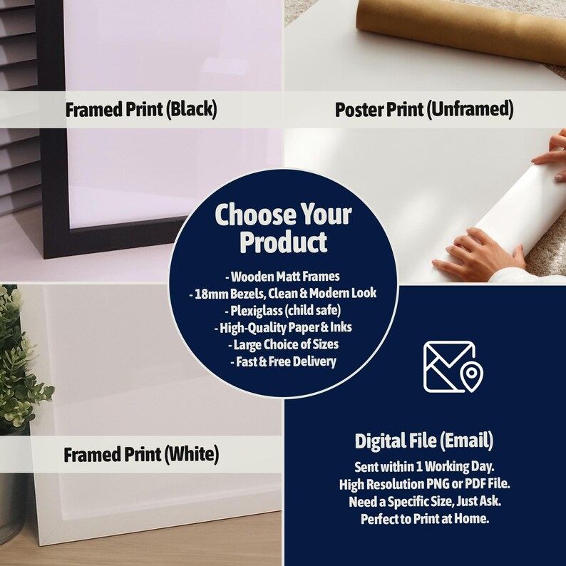 May include: Image displaying print options: framed prints in black and white, an unframed poster print, and a digital file. Features include wooden matt frames, plexiglass, and high-quality paper and inks. Text reads "Choose Your Product."