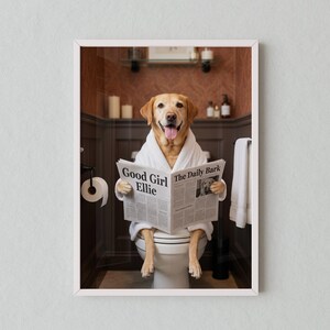 Custom Pet Portrait on Toilet with Newspaper | Unique Pet Gift | Fun Bathroom Print | Dog on Toilet | Personalised Pet Wall Art from Photo image 9
