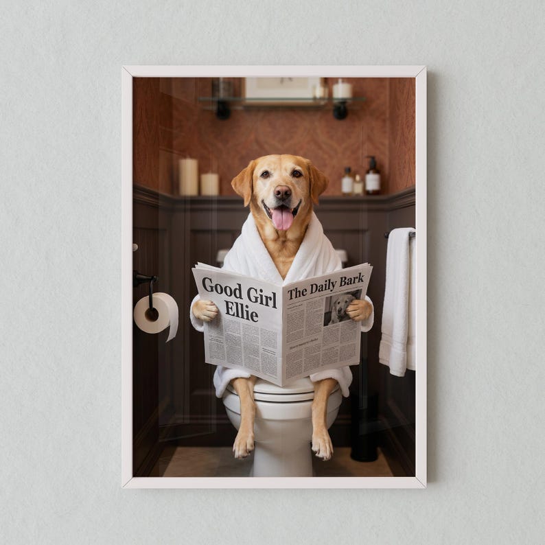 Custom Pet Portrait on Toilet with Newspaper | Unique Pet Gift | Fun Bathroom Print | Dog on Toilet | Personalised Pet Wall Art from Photo image 9