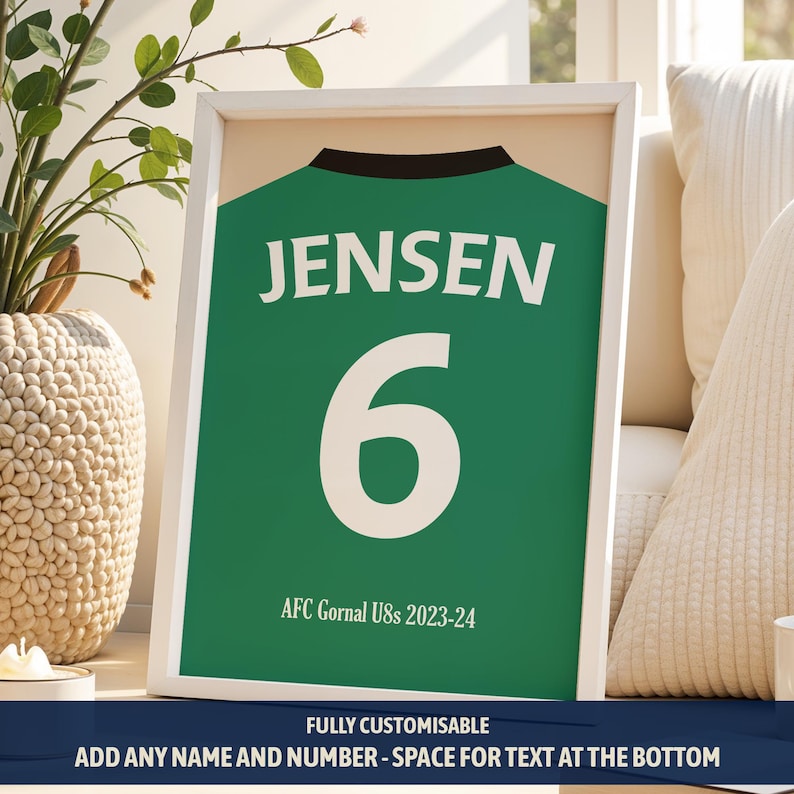 Personalisiertes Fußball Shirt Druck für Jungen Schlafzimmer | Personalisierte Fußball-Team Geschenke für ihn Dad | Fußball-Fan Wall Art | Shirt Namen Aufdruck Bild 2