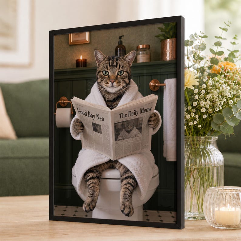 May include: A framed wall art print featuring a tabby cat wearing a white bathrobe while sitting on a toilet and reading a newspaper titled Good Boy Neo and The Daily Meow. The background shows a dark green bathroom with a candle and toiletries.