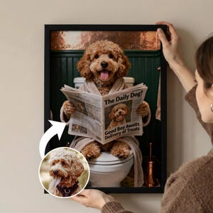 Custom Pet on Toilet with Newspaper | Unique Pet Gift, Fun Bathroom Print, Dog on Toilet, Personalised Pet Wall Art, Pet Portrait from Photo