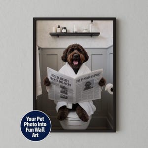 Custom Pet Portrait on Toilet with Newspaper | Unique Pet Gift | Fun Bathroom Print | Dog on Toilet | Personalised Pet Wall Art from Photo image 2