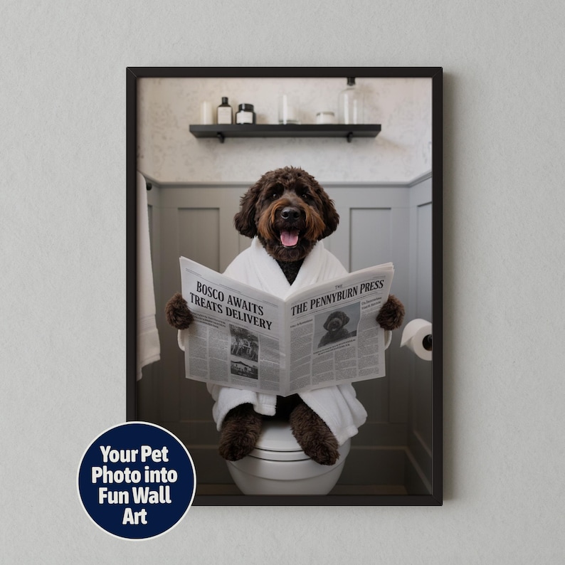 Custom Pet Portrait on Toilet with Newspaper | Unique Pet Gift | Fun Bathroom Print | Dog on Toilet | Personalised Pet Wall Art from Photo image 2