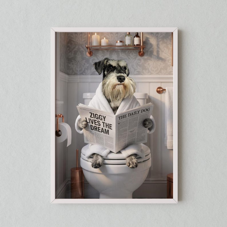 Custom Pet Portrait on Toilet with Newspaper | Unique Pet Gift | Fun Bathroom Print | Dog on Toilet | Personalised Pet Wall Art from Photo image 3
