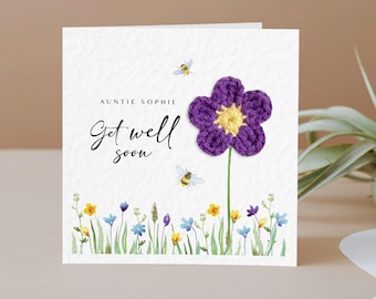 Personalized Get Well Soon Card: Crochet Flower, Speedy Recovery, Nanny, Friend, Auntie, Grandma, Mum